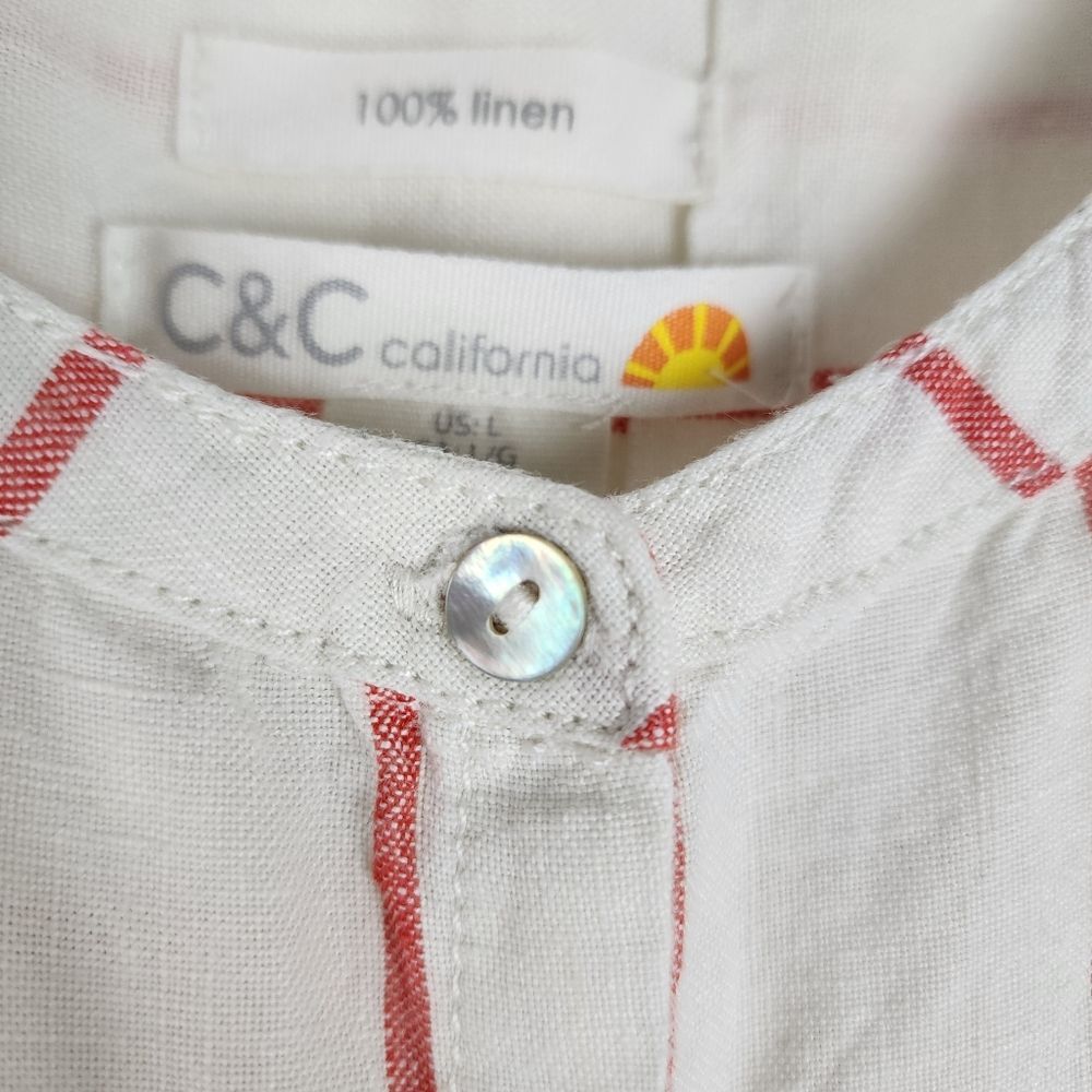 C&C California Linen Top White Red Stripes Sleeveless Button Up Shirt Blouse L - Picture 3 of 8